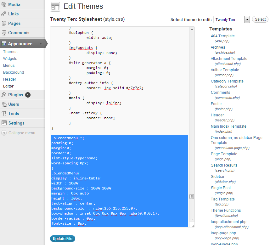 Wordpress - Add Generated CSS Menu Code